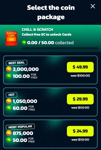 SweepShark first purchase bonus showing three Gold Coin packages with double Sweeps Coins provided