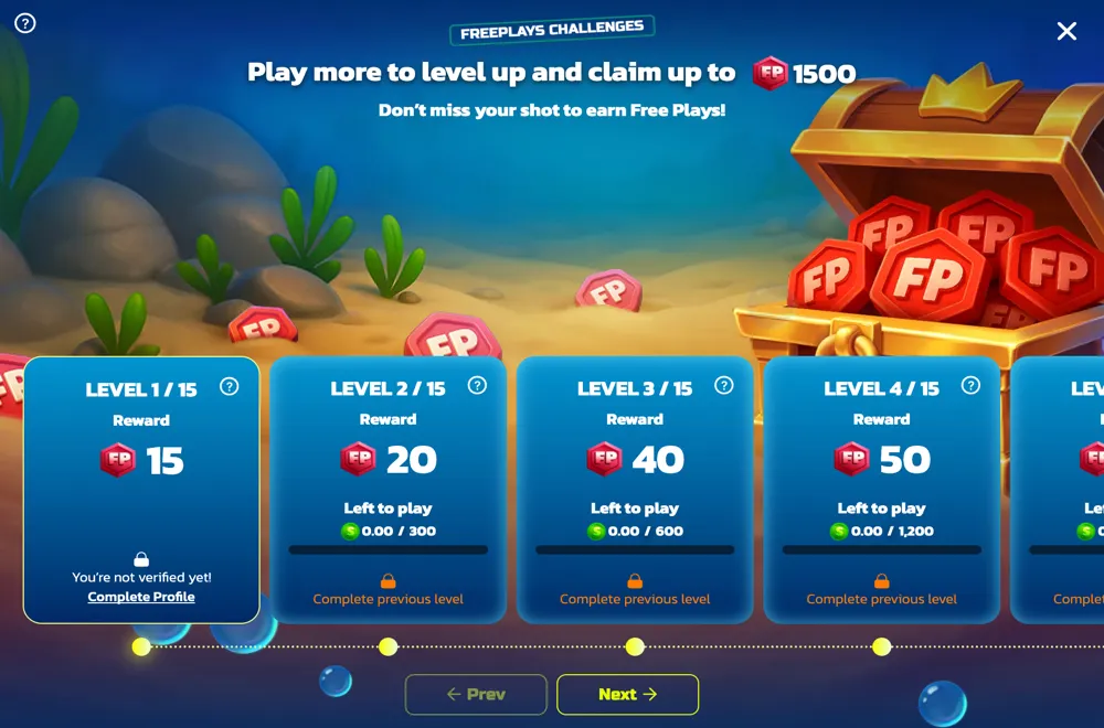SweepShark FreePlay Challenges progress screen showing level milestones and unlocked free plays