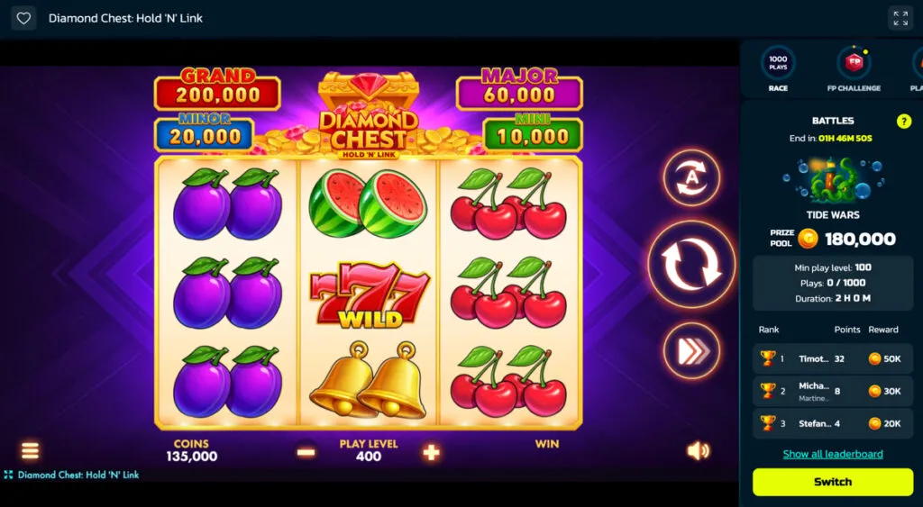 Diamond Chest Hold ’N’ Link slot game being played on SweepShark