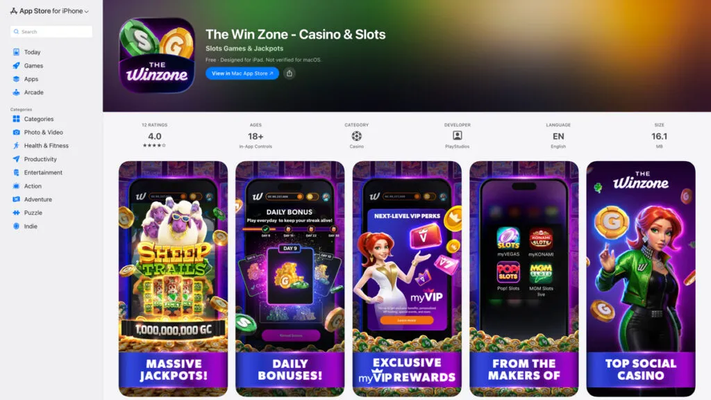 The Win Zone Casino iOS app listing on the Apple App Store