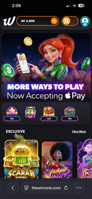The Win Zone Casino mobile website interface on iPhone