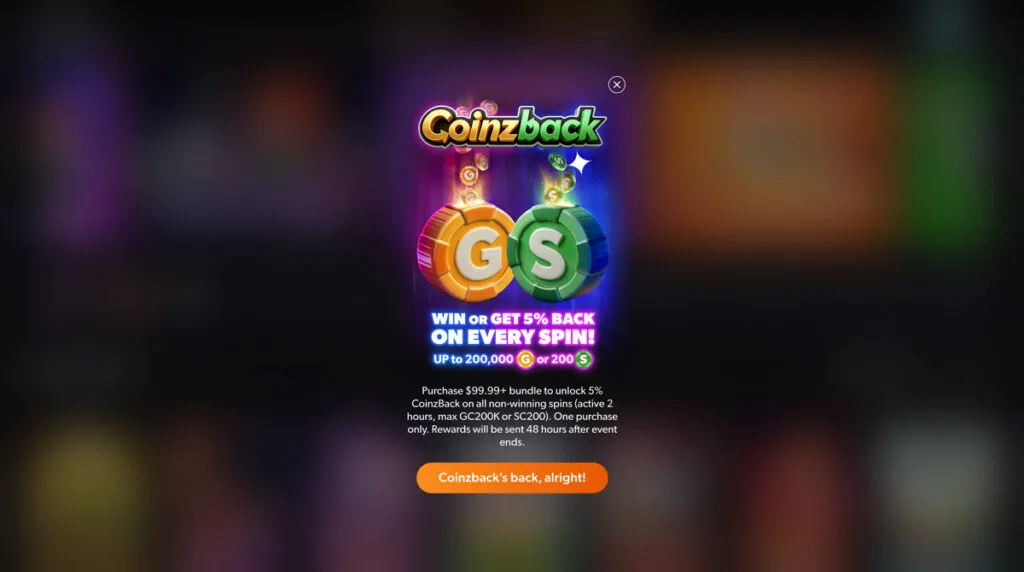 CoinzBack bonus at The Win Zone Casino offering 5% back on non-winning spins