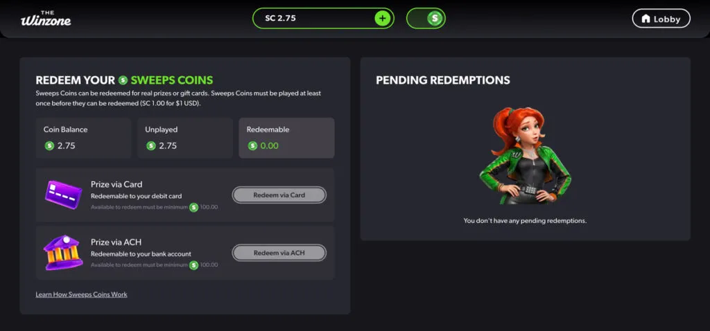 The Win Zone Casino redemption options showing Prize via Card and ACH payout methods