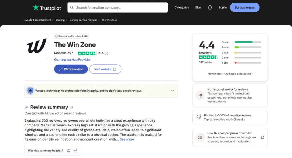 Trustpilot page for The Win Zone showing overall rating and reviews
