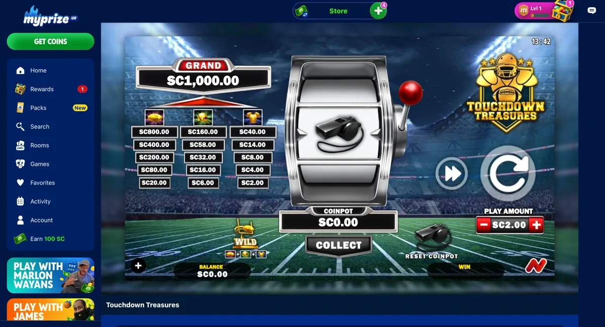 Touchdown Treasures at MyPrize.us Casino