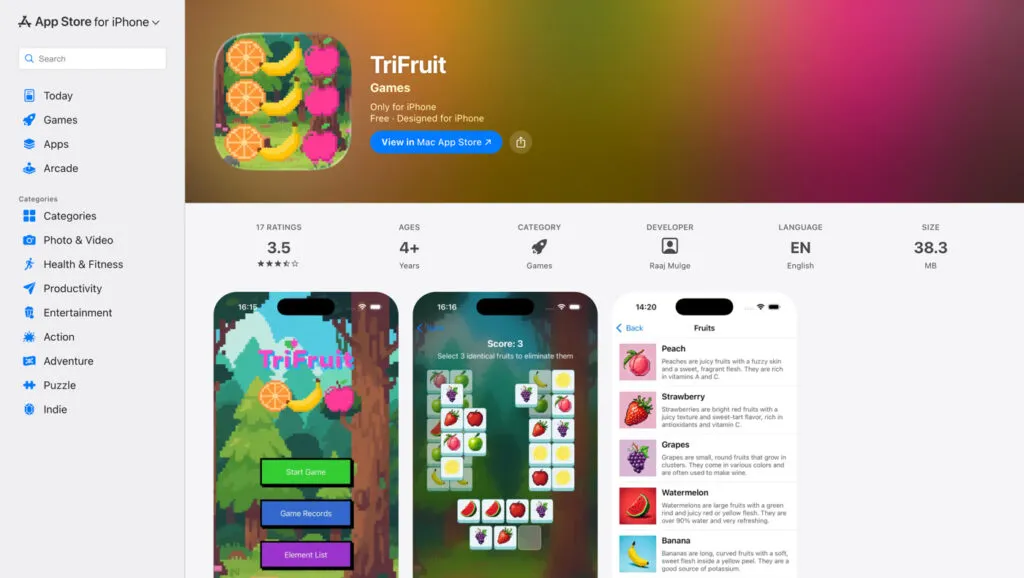 iOS App Store preview showing the TriFruit app used for Ultra Panda mobile gameplay