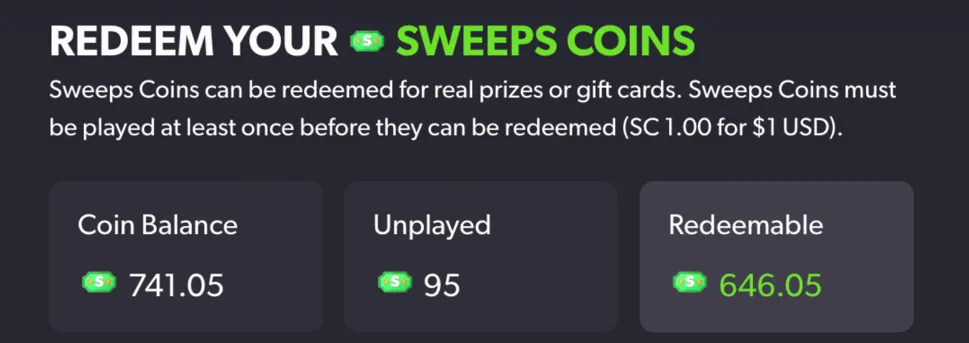 Account balance showing unplayed Sweeps Coins and redeemable Sweeps Coins