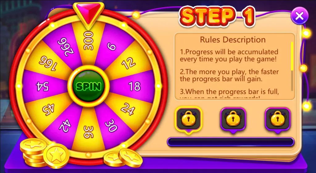 Vblink 777 Bonus Wheel showing a progress bar and free credit reward amounts