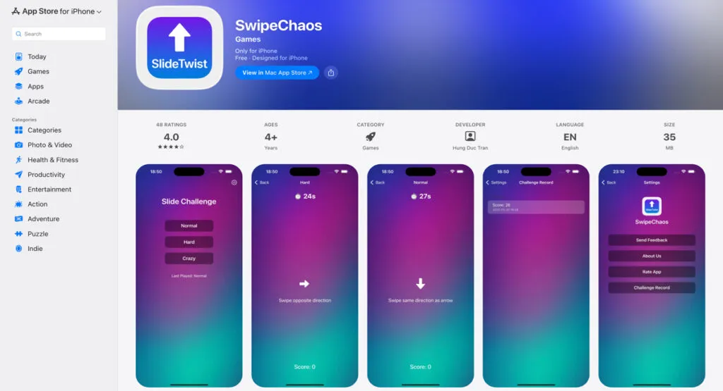 iOS App Store preview of SwipeChaos, which is used for Vblink 777 casino gameplay