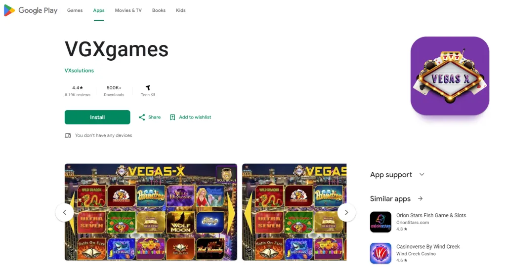 Vegas X mobile app listing on the Google Play Store for Android devices
