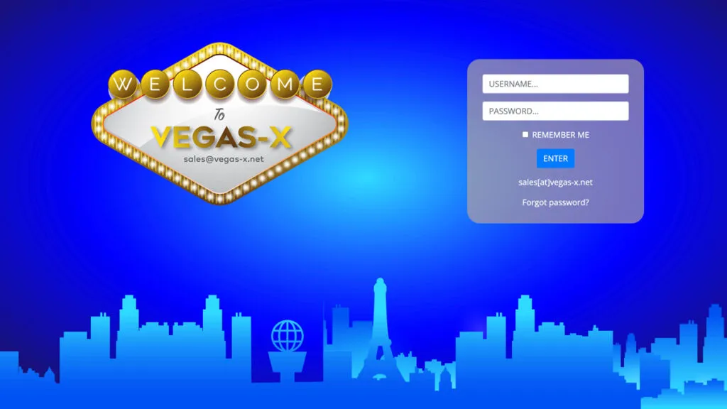 Vegas X login screen showing boxes for entering username and password