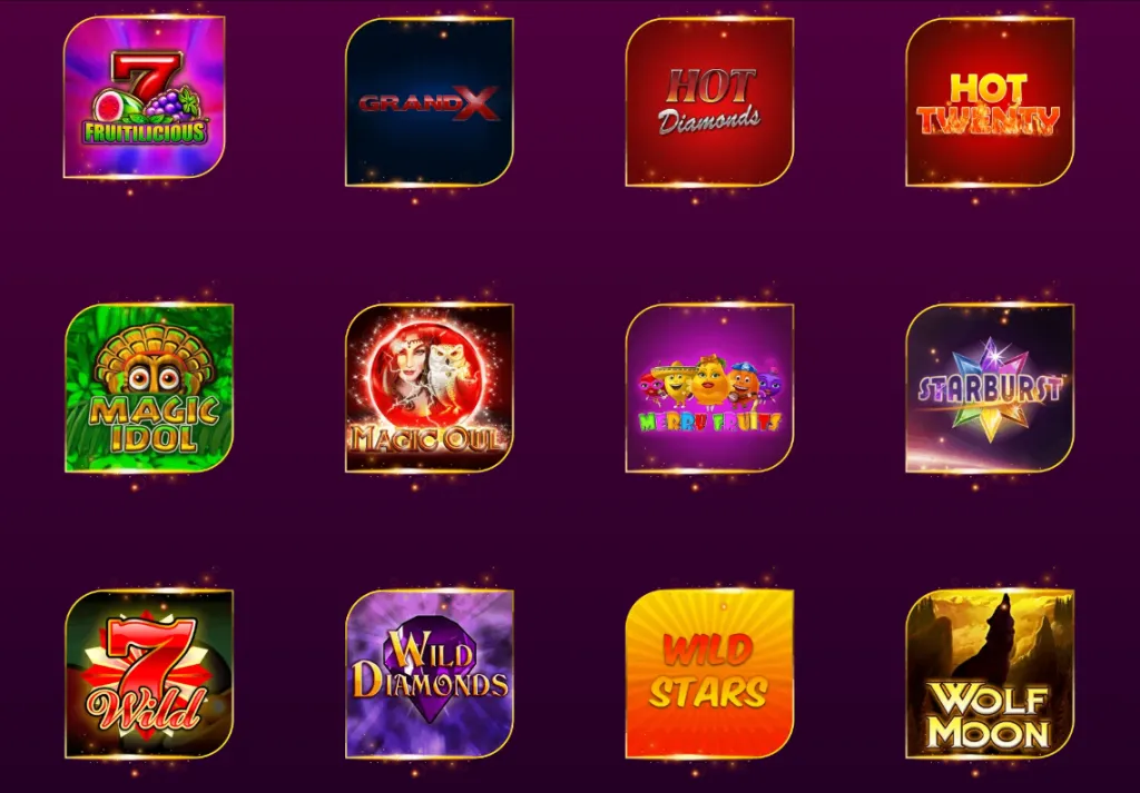 Vegas X slot game selection featuring Wolf Moon, Hot Diamonds, and other titles