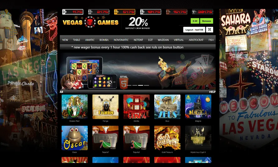 Vegas7Games casino lobby showing slots and table games organized by software provider