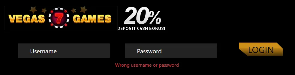 Vegas7Games account login page showing username and password boxes