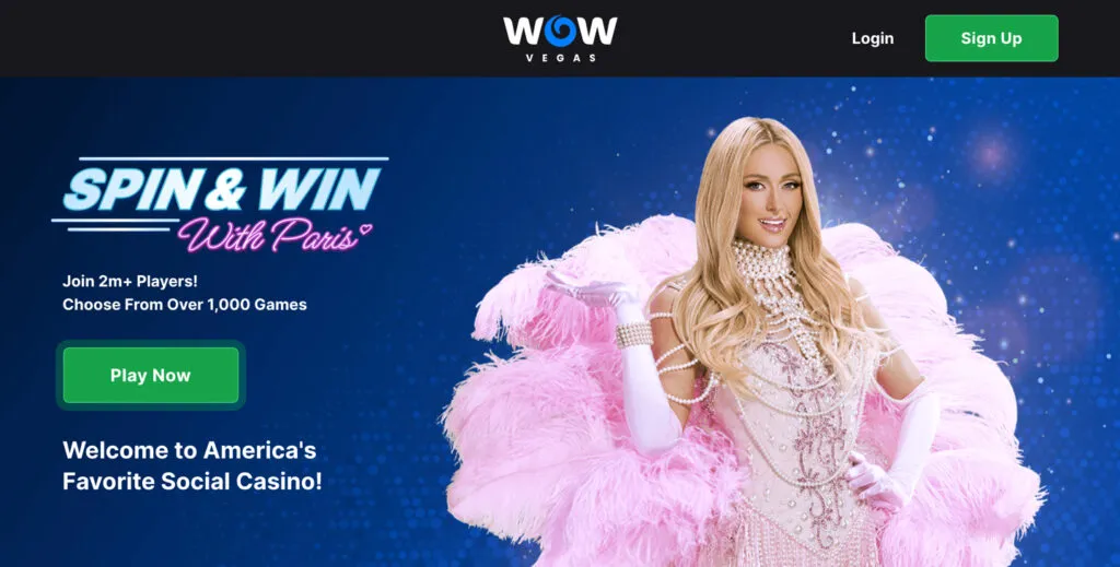 WOW Vegas homepage highlighting 1,000+ games and a player base of over 2 million users