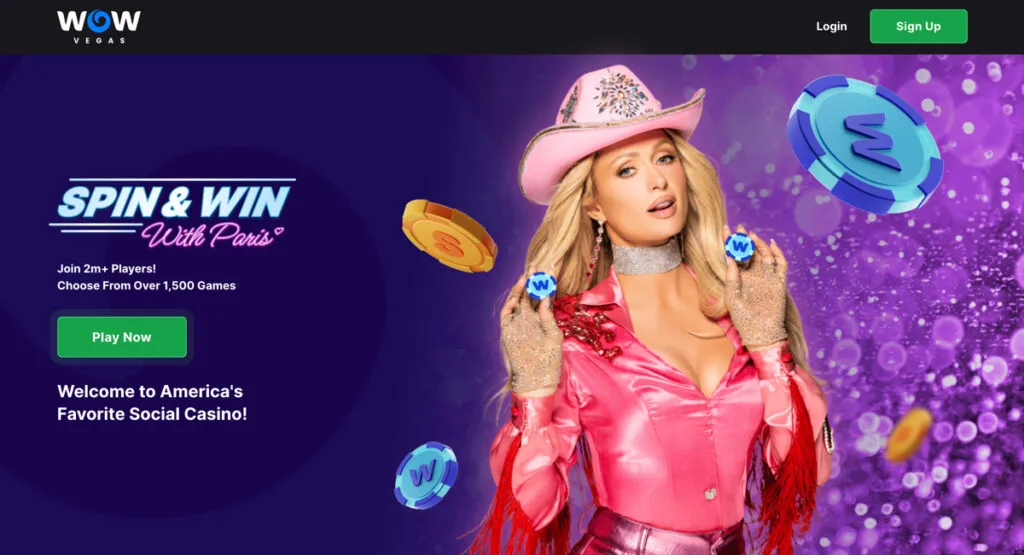 WOW Vegas website homepage showing Paris Hilton as the brand ambassador