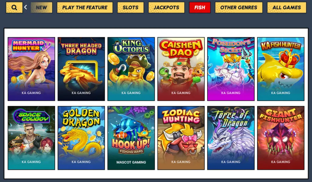 Yay Casino fish shooting games lobby featuring KA Gaming and Mascot Gaming titles with underwater and arcade-style visuals