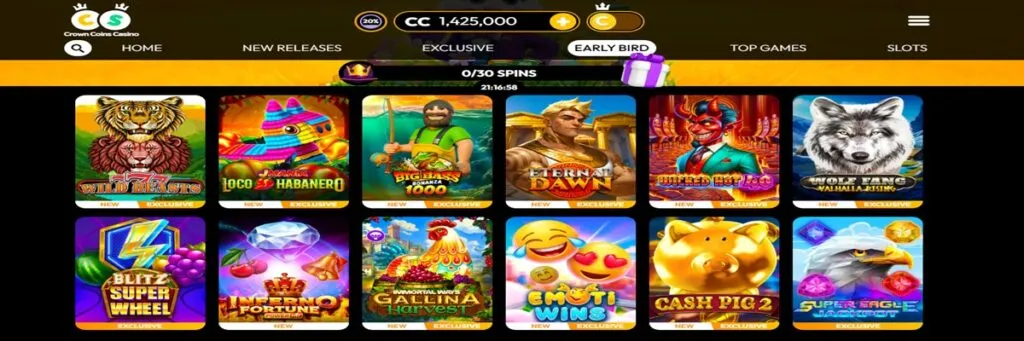 Screenshot of new slot games available at Crown Coins Casino featuring colorful reels and game icons.