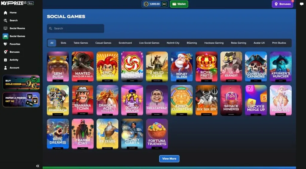 social casino games avaible at myprize
