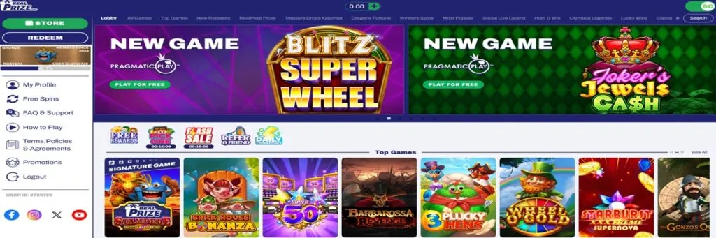 Real Prize Casino showcasing new games and player rewards with vibrant visuals and promotional banners.