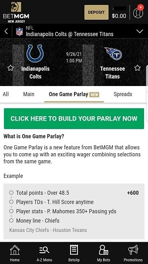 Parlay builder on BetMGM betting app