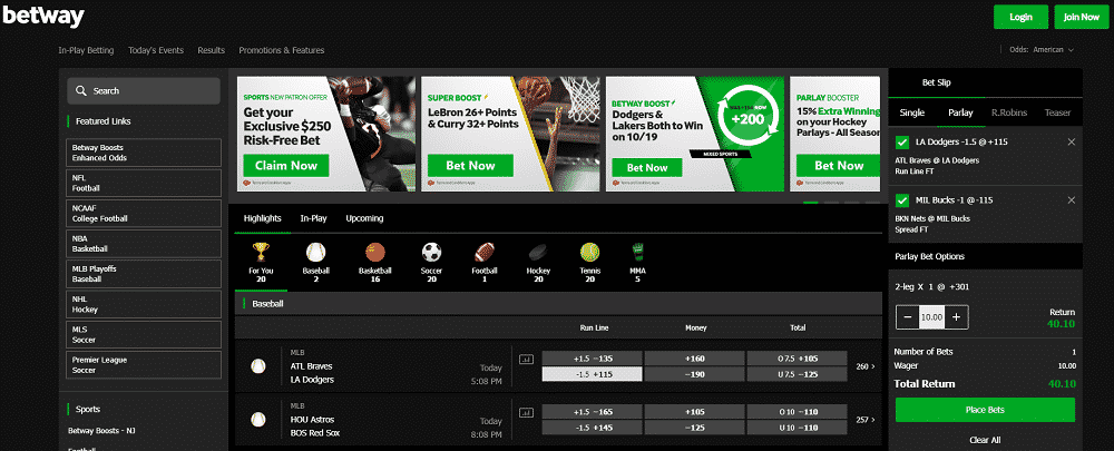Betway Sportsbook Betting Interface