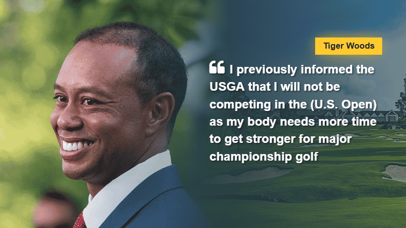 Tiger Woods says "I previously informed the USGA that I will not be competing in the (U.S. Open) as my body needs more time to get stronger for major championship golf," via NESN, tags: open due - CC