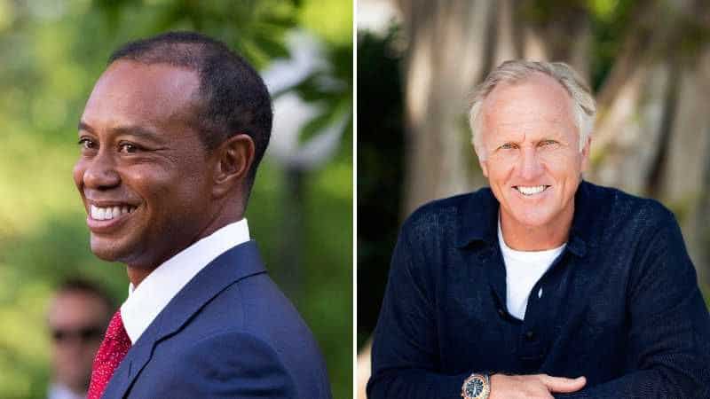 Left: Tiger Woods, Right: Greg Norman, tags: woods liv offer worth - CC