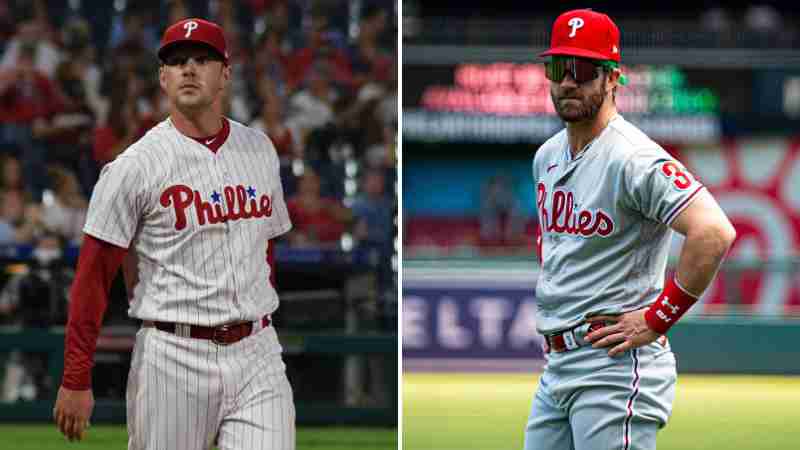Left: Rhys Hoskins, Right: Bryce Harper, tags: phillies braves 8-3 division series - CC