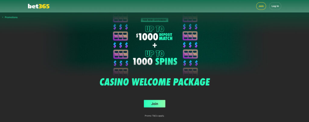 bet365 Casino website promoting its welcome package for new players