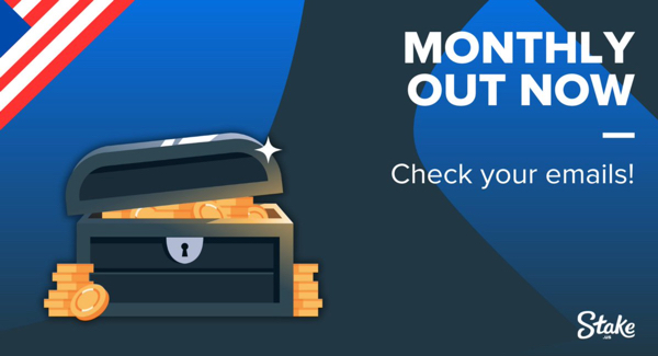 Stake.us monthly bonus announcement telling players to check their email