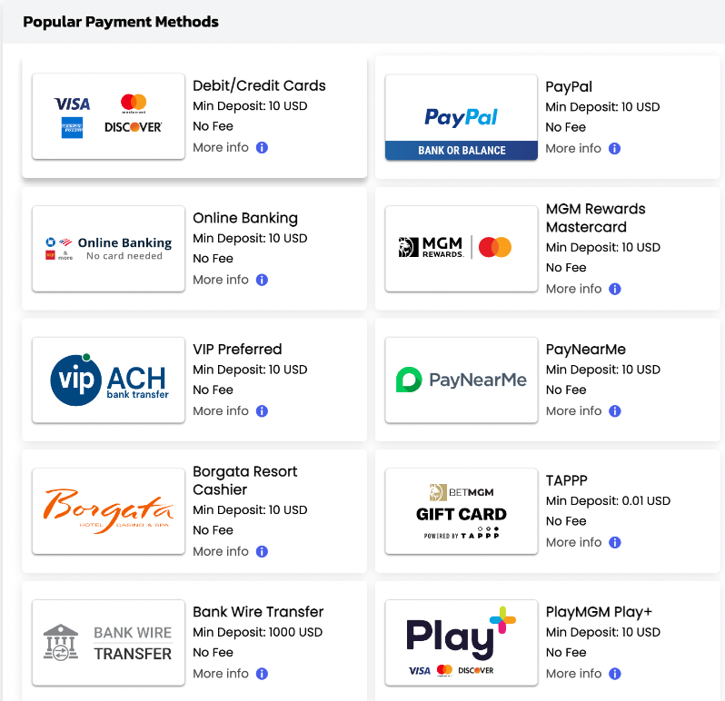 Popular Payment Options at BetMGM