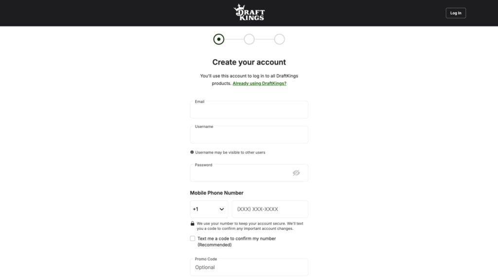 DraftKings Casino registration page and promo code field for new customers