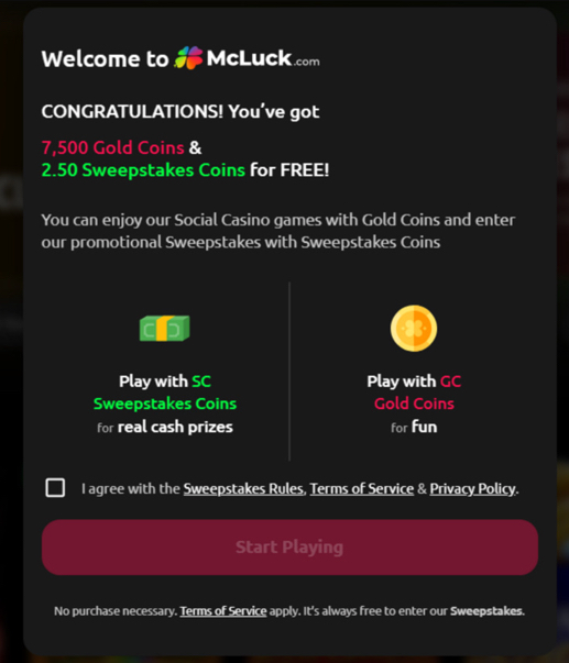 McLuck no-deposit bonus showing 7,500 Gold Coins and 2.5 Sweeps Coins awarded to a new player