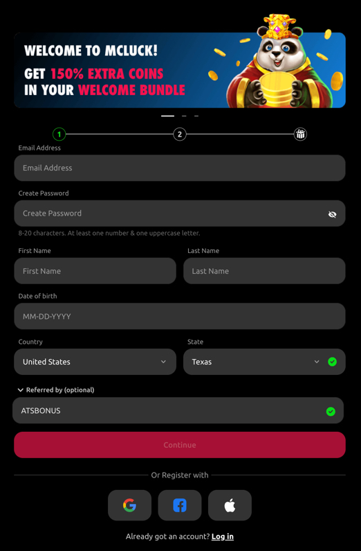McLuck sign-up screen with promo code box filled in