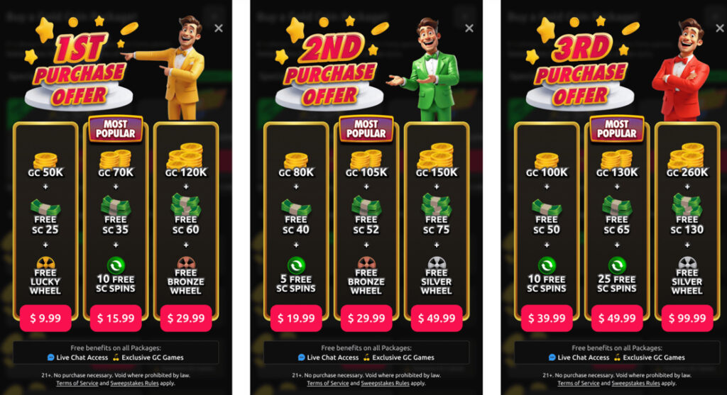 McLuck first, second, and third purchase bonuses with GC and SC amounts and pricing