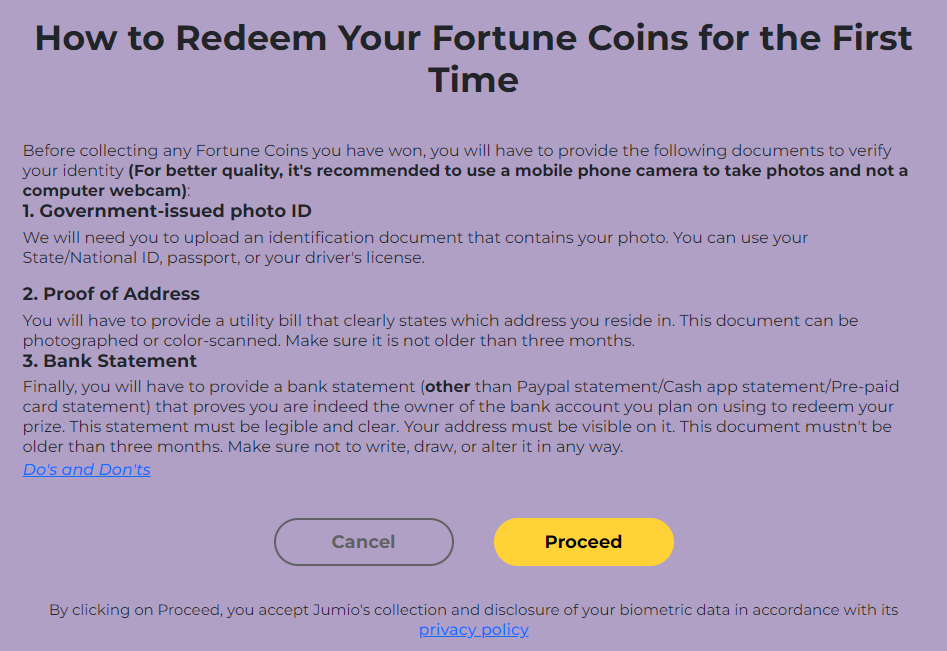 Fortune Coins Identity Verification