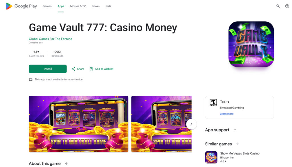 Game Vault 777: Casino Money app listing on the Google Play Store