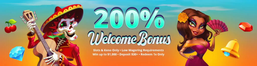 Sunrise Slots 200% deposit match offer with promo code SUN200
