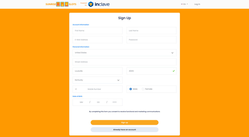 Sunrise Slots registration page showing the account sign-up form