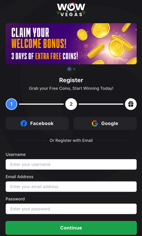 WOW Vegas sign-up form used to create an account and claim the no deposit bonus
