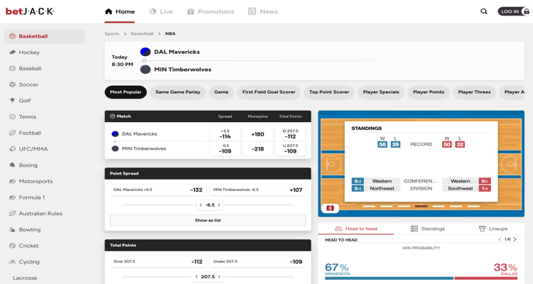 betJACK Sports Betting Options