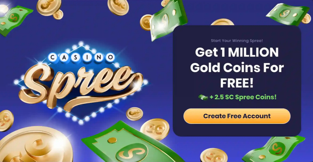 Spree Casino website showing the 1 million Gold Coins and 2.5 Spree Coins no-deposit bonus