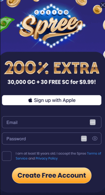 Spree Casino sign-up screen on mobile with the first-purchase bonus shown