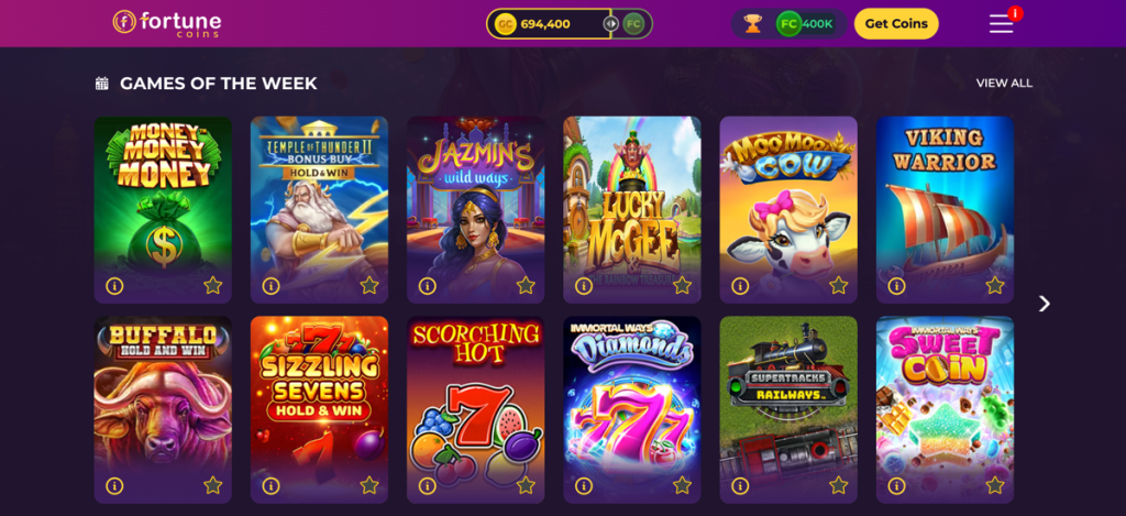 Screenshot of Fortune Coins online casino homepage displaying sweepstakes games, colorful banners, navigation menu, and popular casino game thumbnails.