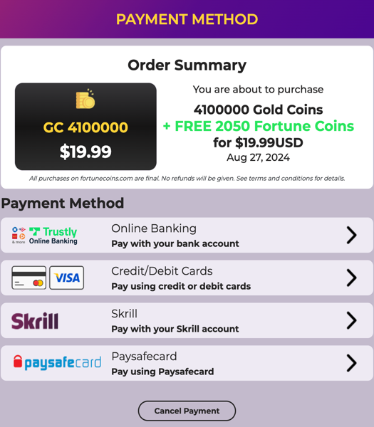 Fortune Coins Payment Methods