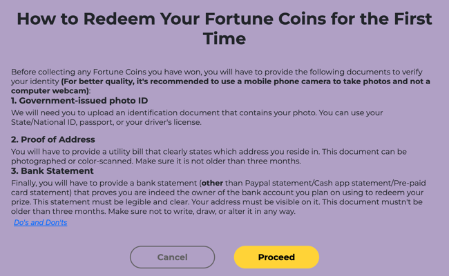 Fortune Coins Prize Redemptions