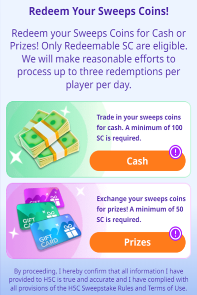 High 5 Casino Prize Redemptions