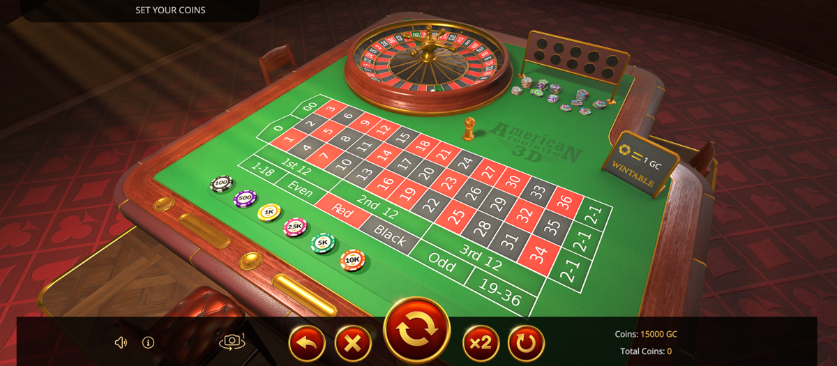 Virtual roulette table and wheel in an American Roulette 3D session