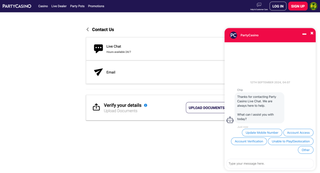 PartyCasino Customer Support